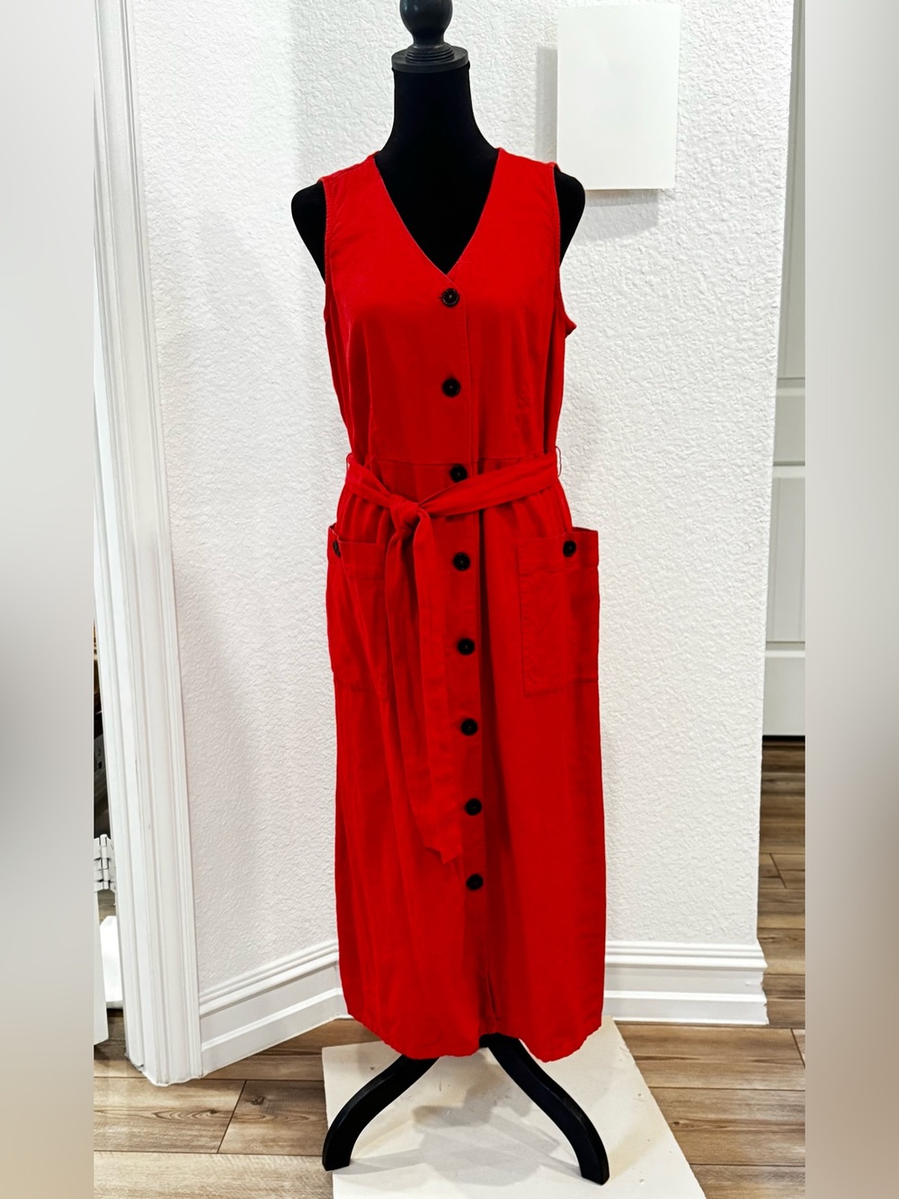 J. Jill Sleeveless Watermelon Button-Front Midi Dress with Tie Waist Size M